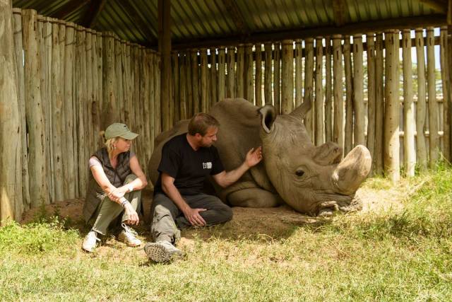 Margot Raggett and Dan Richardson with Sudan last male northern white rhino